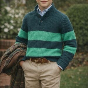 HANNA ANDERSSON Children’s Green Rugby Stripe Chenille Pullover Collared Sweater